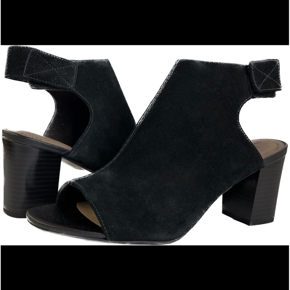 Clarks Deva Mae Black‎ Suede Open Toe Block Heel Slingback Sandals 9 Shootie